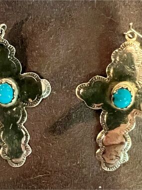 Sterling Silver Cross Drop Earrings with Turquoise Stone